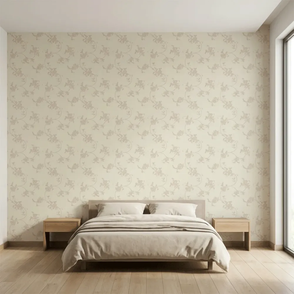 Cream Floral Embroidered Textured Wallpaper