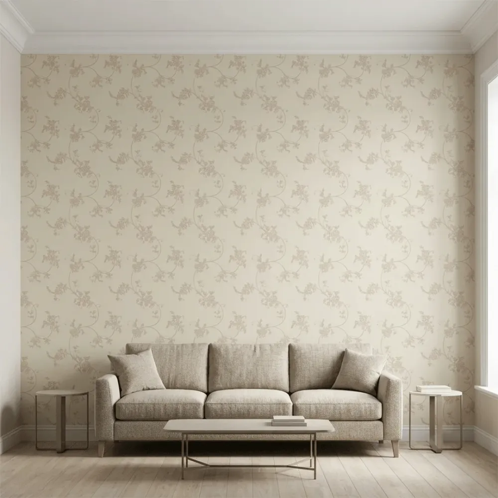 Cream Floral Embroidered Textured Wallpaper