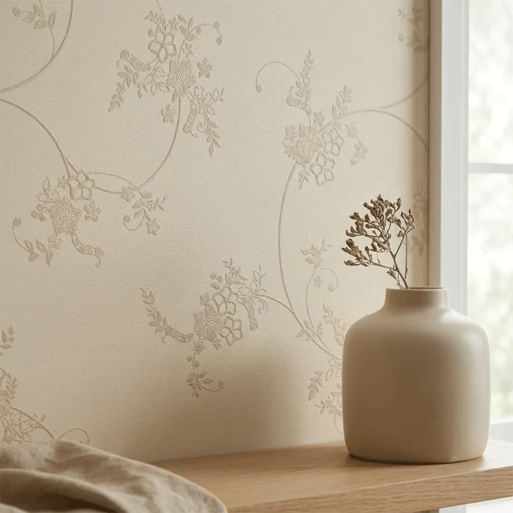 Cream Floral Embroidered Textured Wallpaper