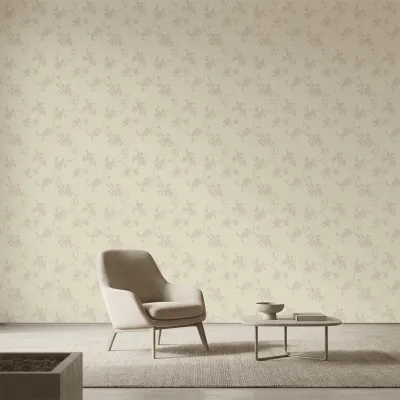 Cream Floral Embroidered Textured Wallpaper