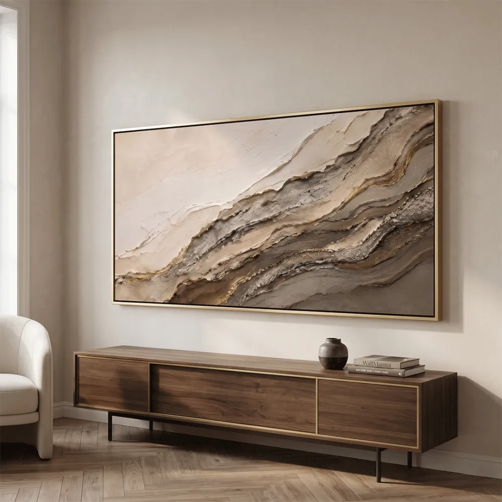 Diagonal Strata Abstract Canvas Painting Beige Gold Textured With Frame