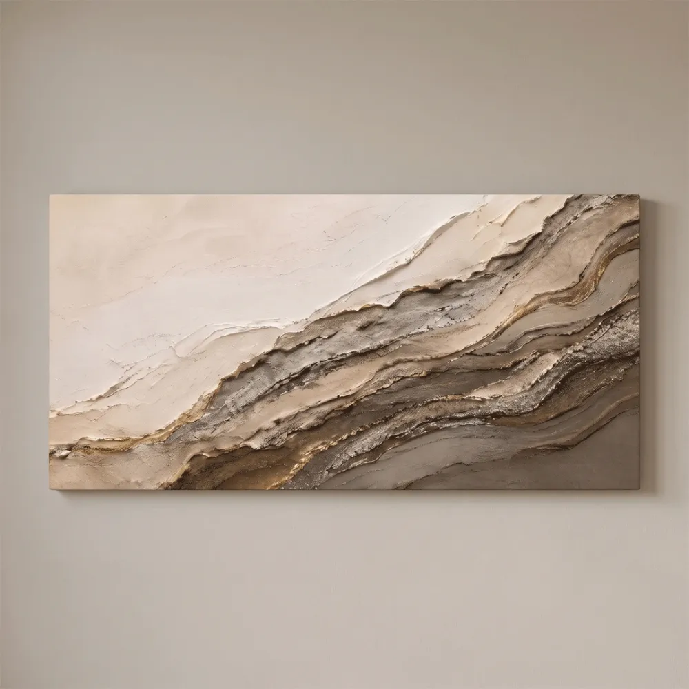 Diagonal Strata Abstract Canvas Painting Beige Gold Textured With Frame