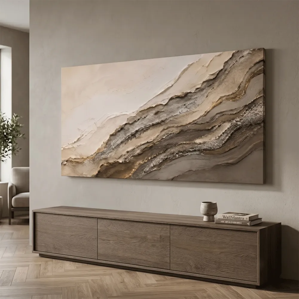 Diagonal Strata Abstract Canvas Painting Beige Gold Textured With Frame