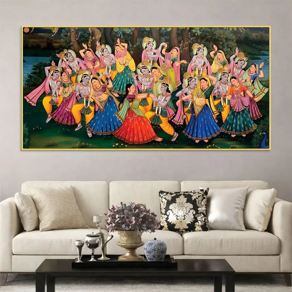 Divine Celebration of Raas Leela Krishna Canvas Wall Painting With Frame