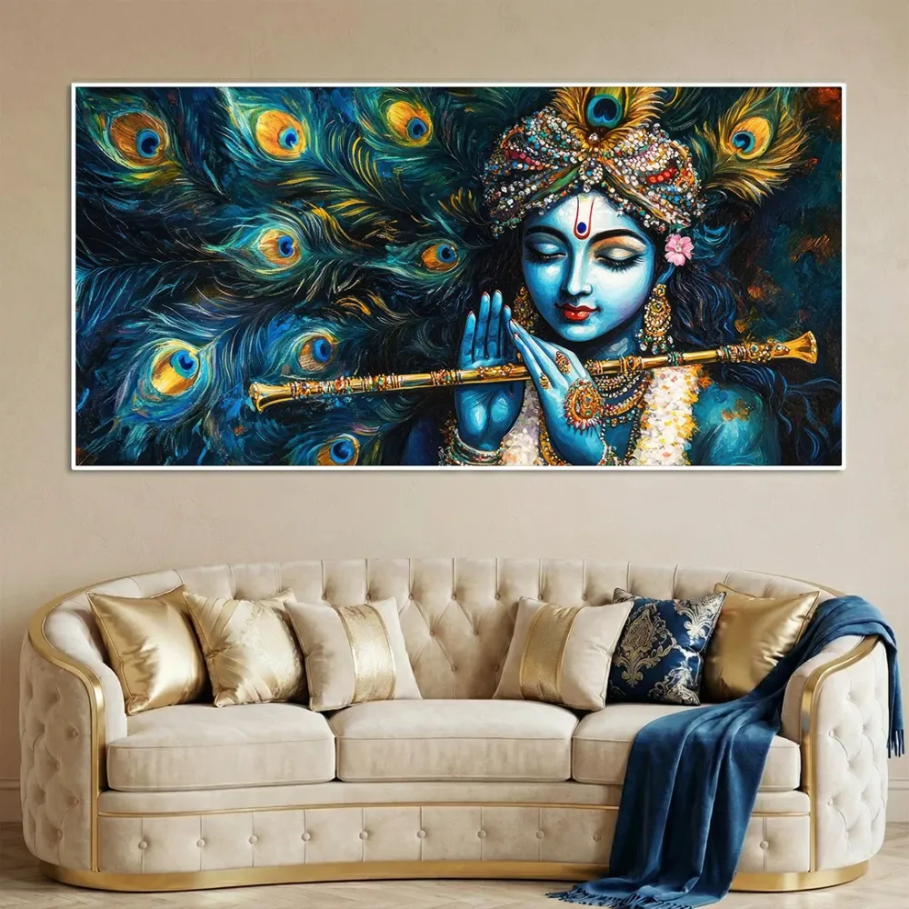 Divine Flute of Lord Krishna Canvas Wall Painting With Frame