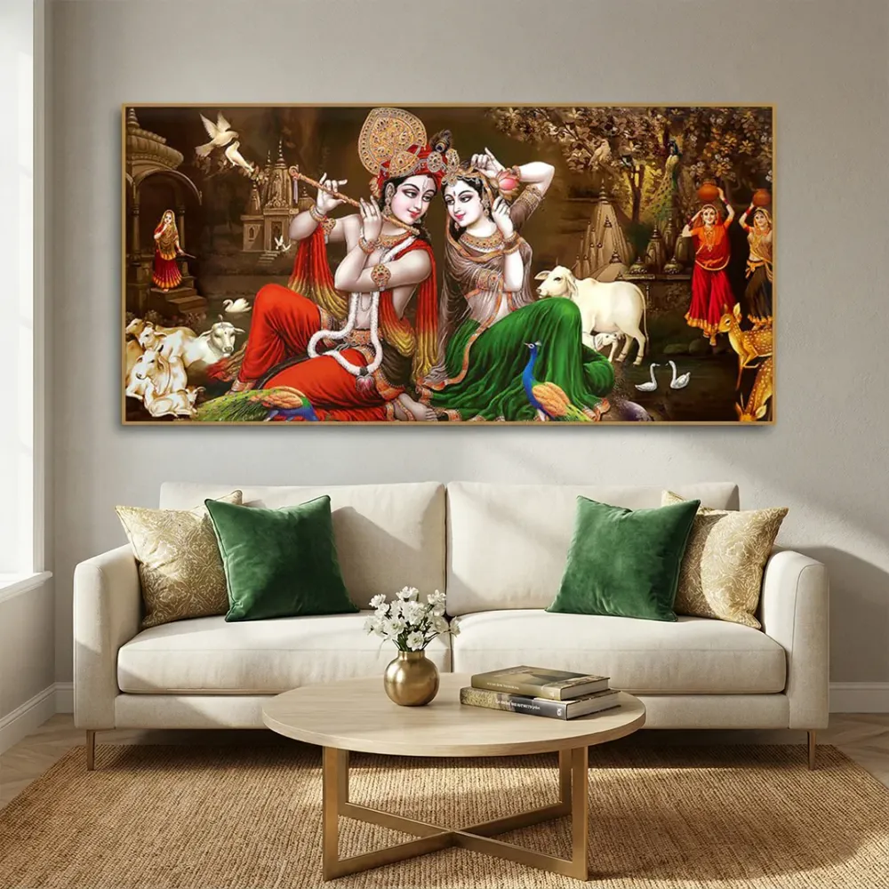 Divine Harmony of Radha Krishna Leela Canvas Wall Painting With Frame