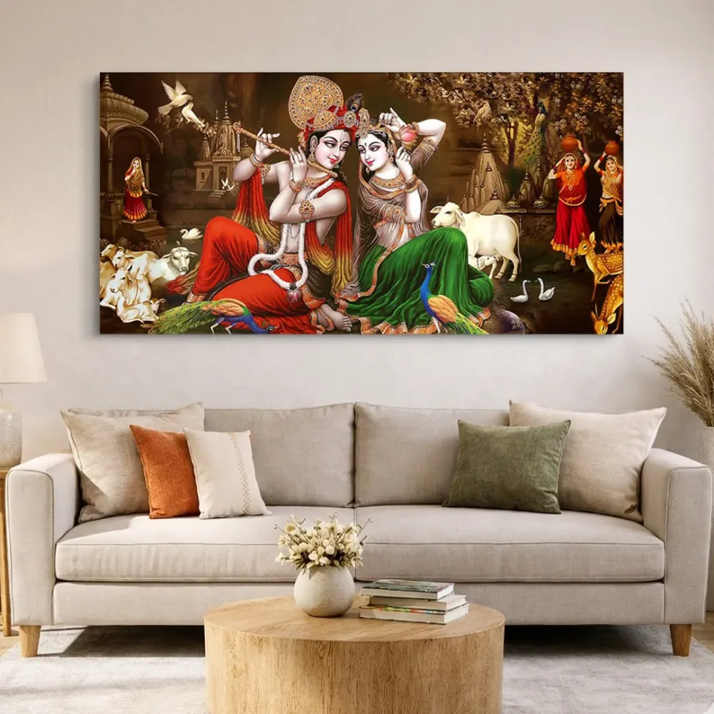 Divine Harmony of Radha Krishna Leela Canvas Wall Painting With Frame