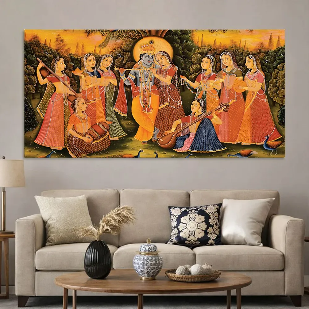 Divine Melody of Krishna Raas Canvas Wall Painting With Frame