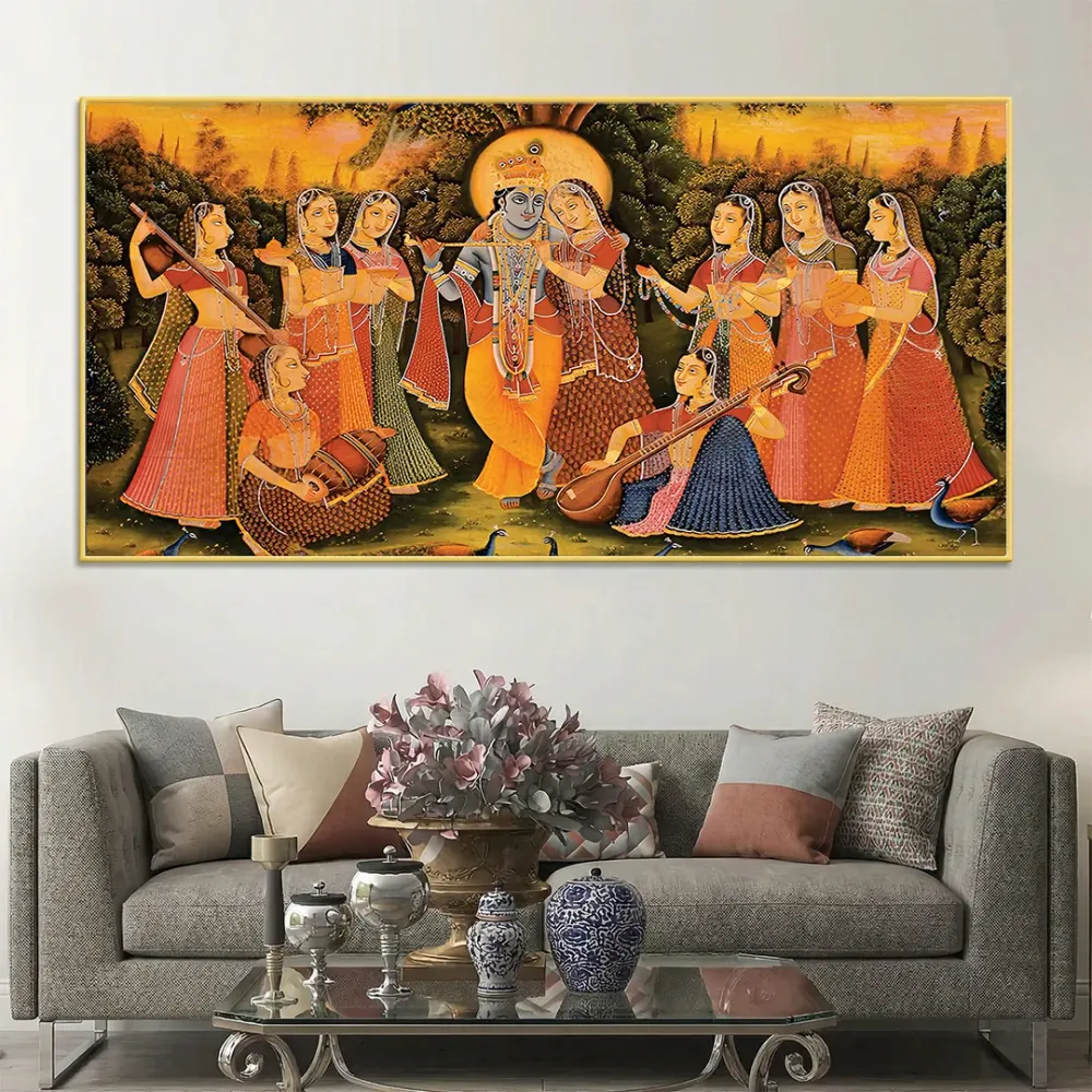 Divine Melody of Krishna Raas Canvas Wall Painting With Frame