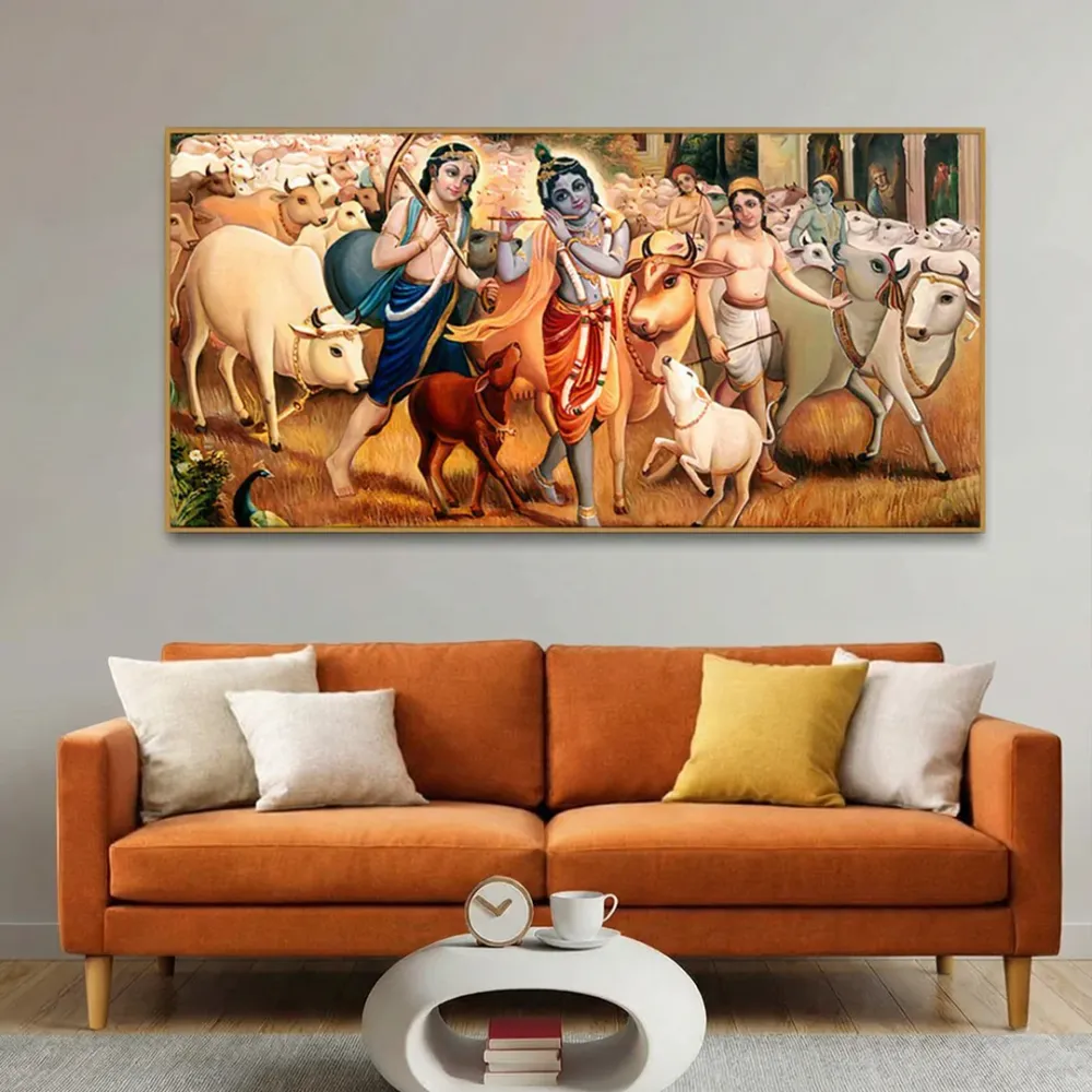 Divine Pastures of Krishna Leela Canvas Wall Painting With Frame