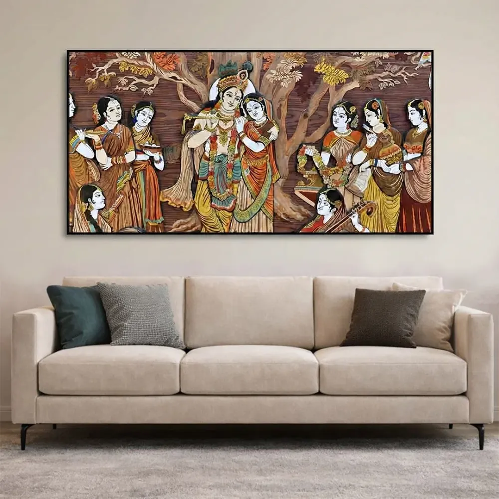 Divine Raas Leela of Krishna Canvas Wall Painting With Frame