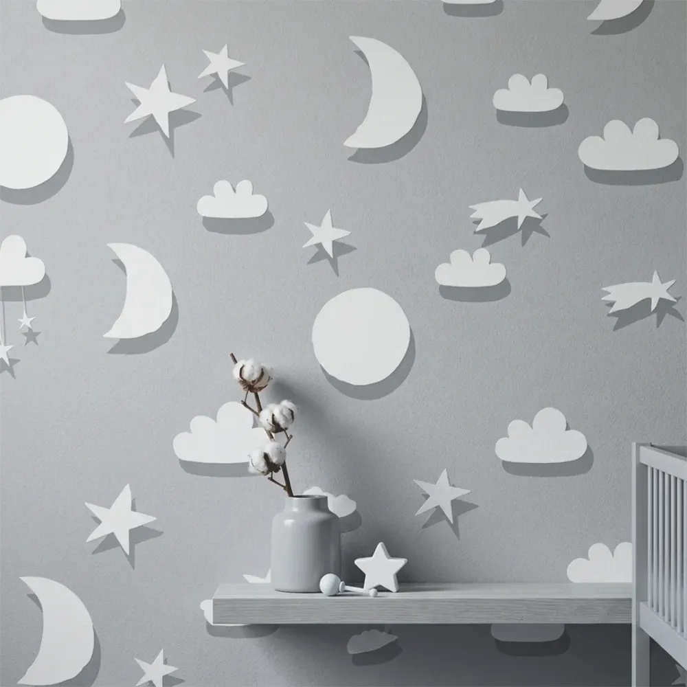 Grey Moon & Stars Kids Wallpaper | Premium Korean Vinyl Nursery Wallpaper