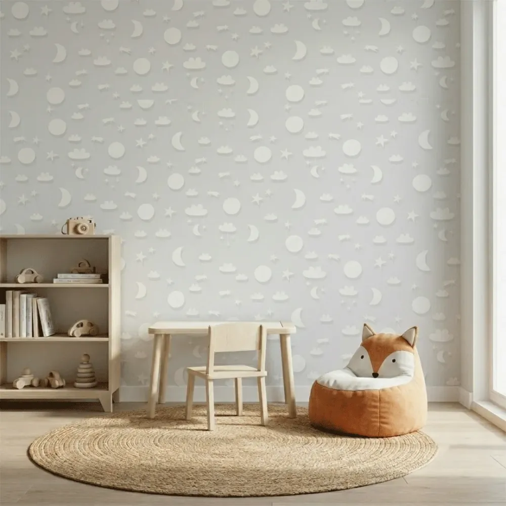Grey Moon & Stars Kids Wallpaper | Premium Korean Vinyl Nursery Wallpaper
