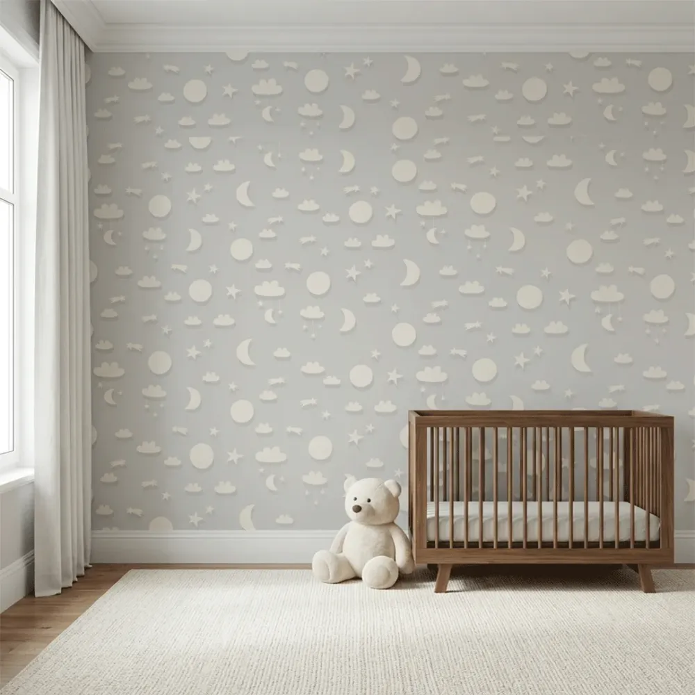 Grey Moon & Stars Kids Wallpaper | Premium Korean Vinyl Nursery Wallpaper