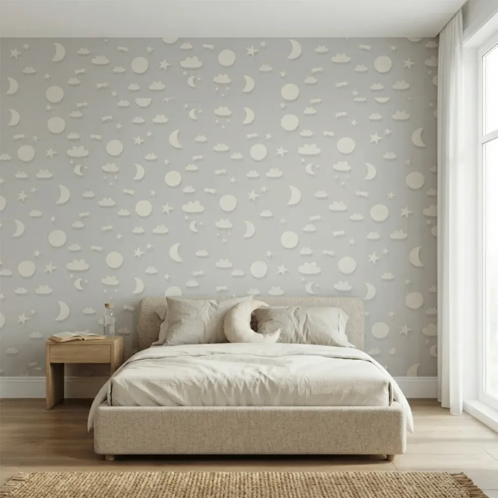 Grey Moon & Stars Kids Wallpaper | Premium Korean Vinyl Nursery Wallpaper