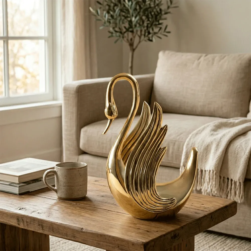 Elegant Swan Solid Brass Sculpture – Gold Luxe Decor 