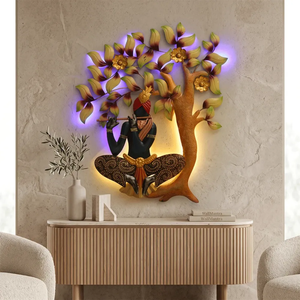Gleeful Krishna Under The Tree LED Metal Wall Art