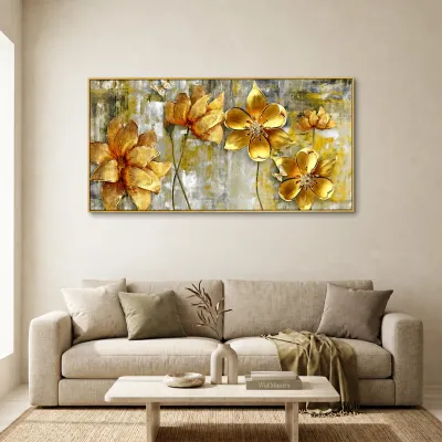 Golden Flowers Big Panoramic Canvas Wall Painting