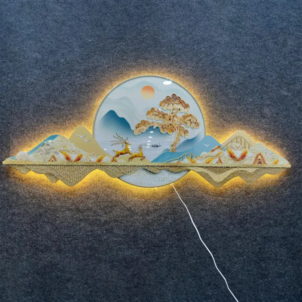 Golden Horizon LED Wall Art – Modern Mountain & Deer Design