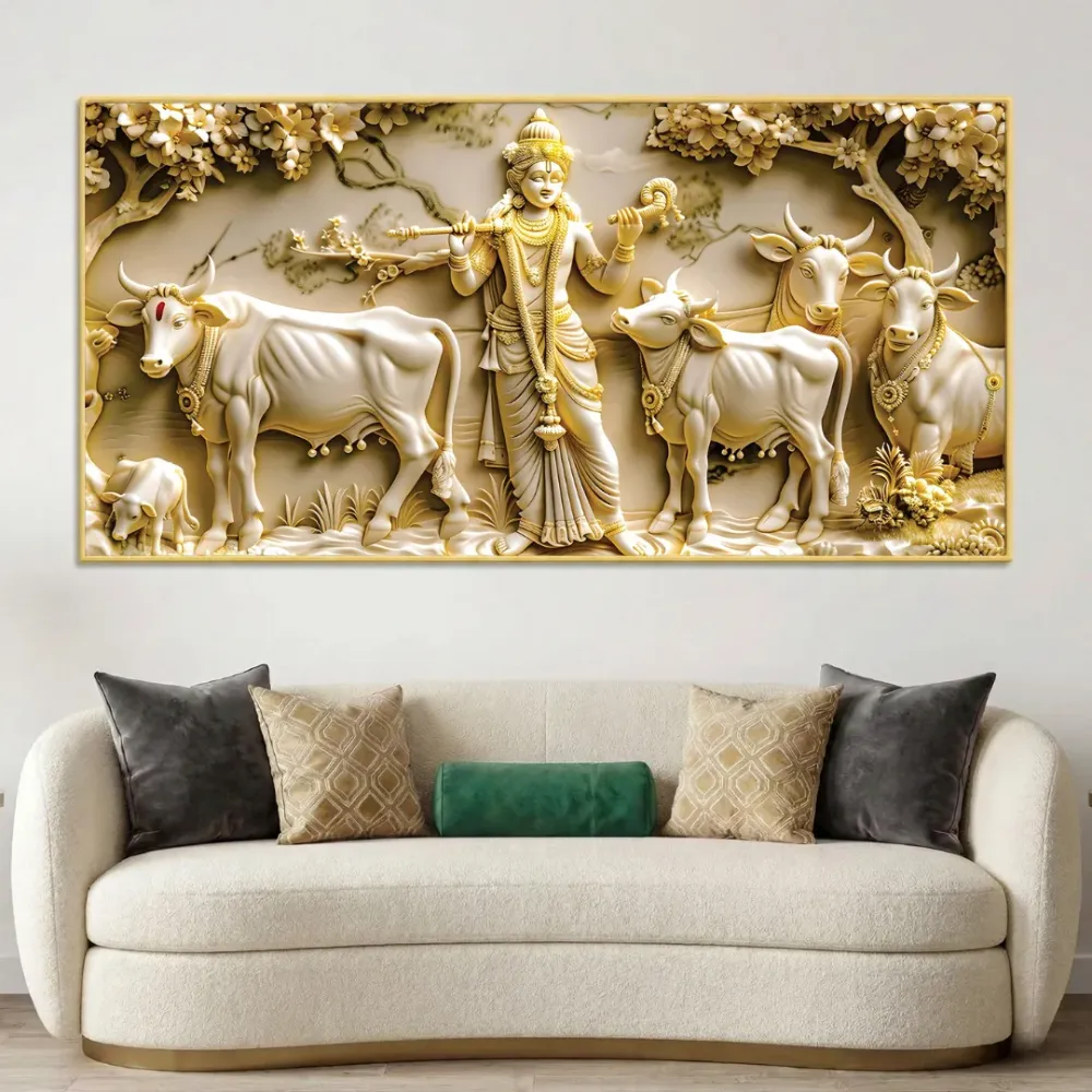 Golden Pastures of Lord Krishna Luxury Canvas Wall Painting With Frame