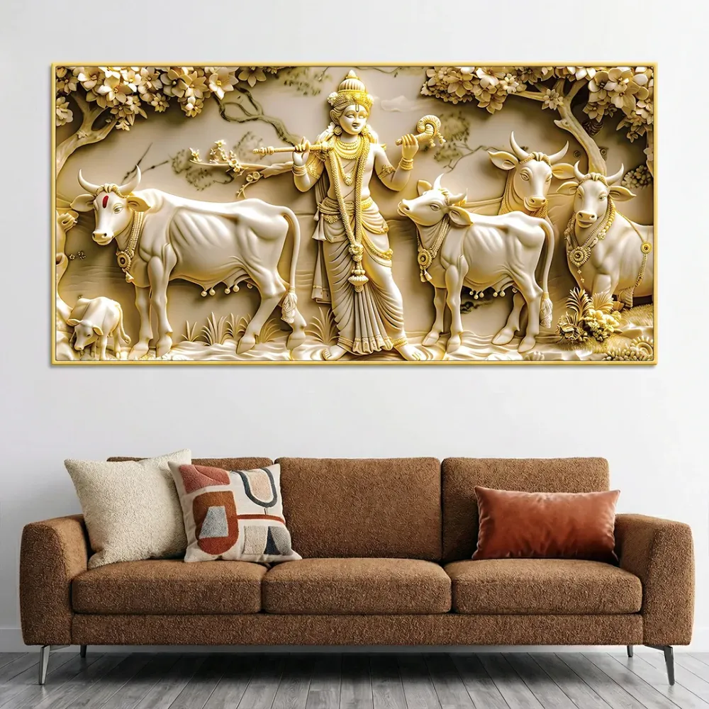 Golden Pastures of Lord Krishna Luxury Canvas Wall Painting With Frame