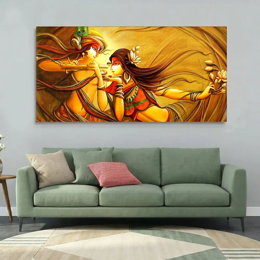 Golden Rhythm of Radha Krishna Dance Canvas Wall Painting With Frame