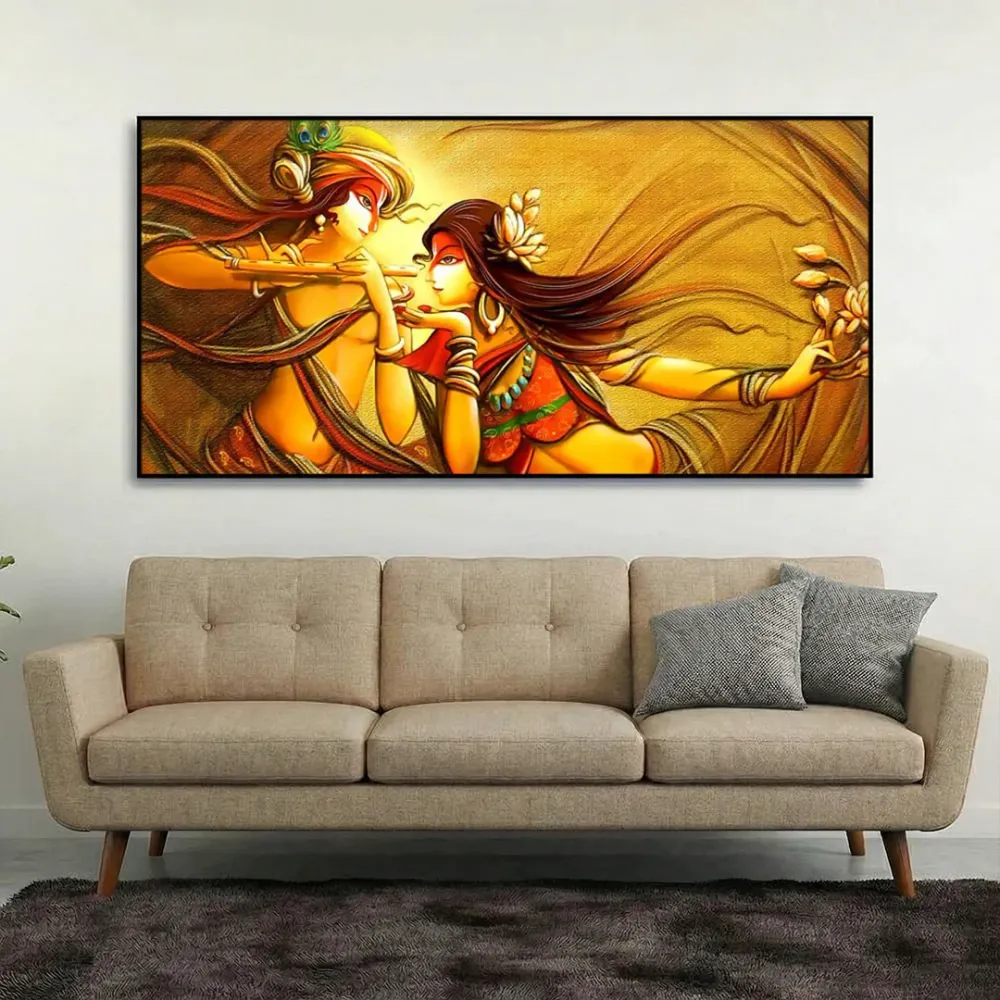 Golden Rhythm of Radha Krishna Dance Canvas Wall Painting With Frame
