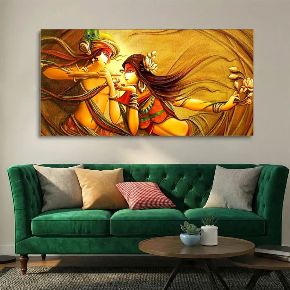 Golden Rhythm of Radha Krishna Dance Canvas Wall Painting With Frame