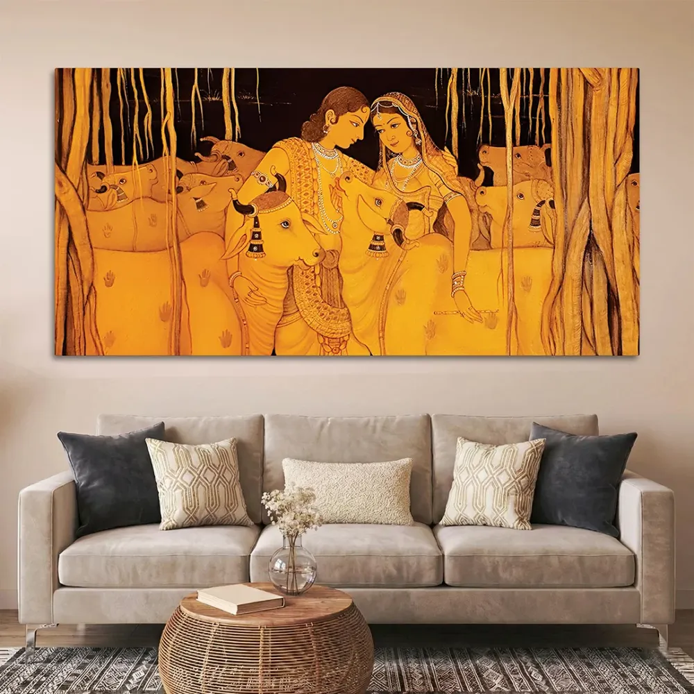 Golden Serenity of Radha Krishna Canvas Wall Painting With Frame