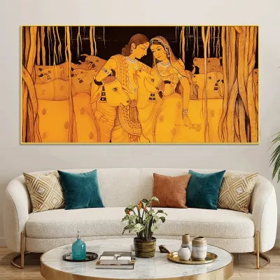 Golden Serenity of Radha Krishna Canvas Wall Painting