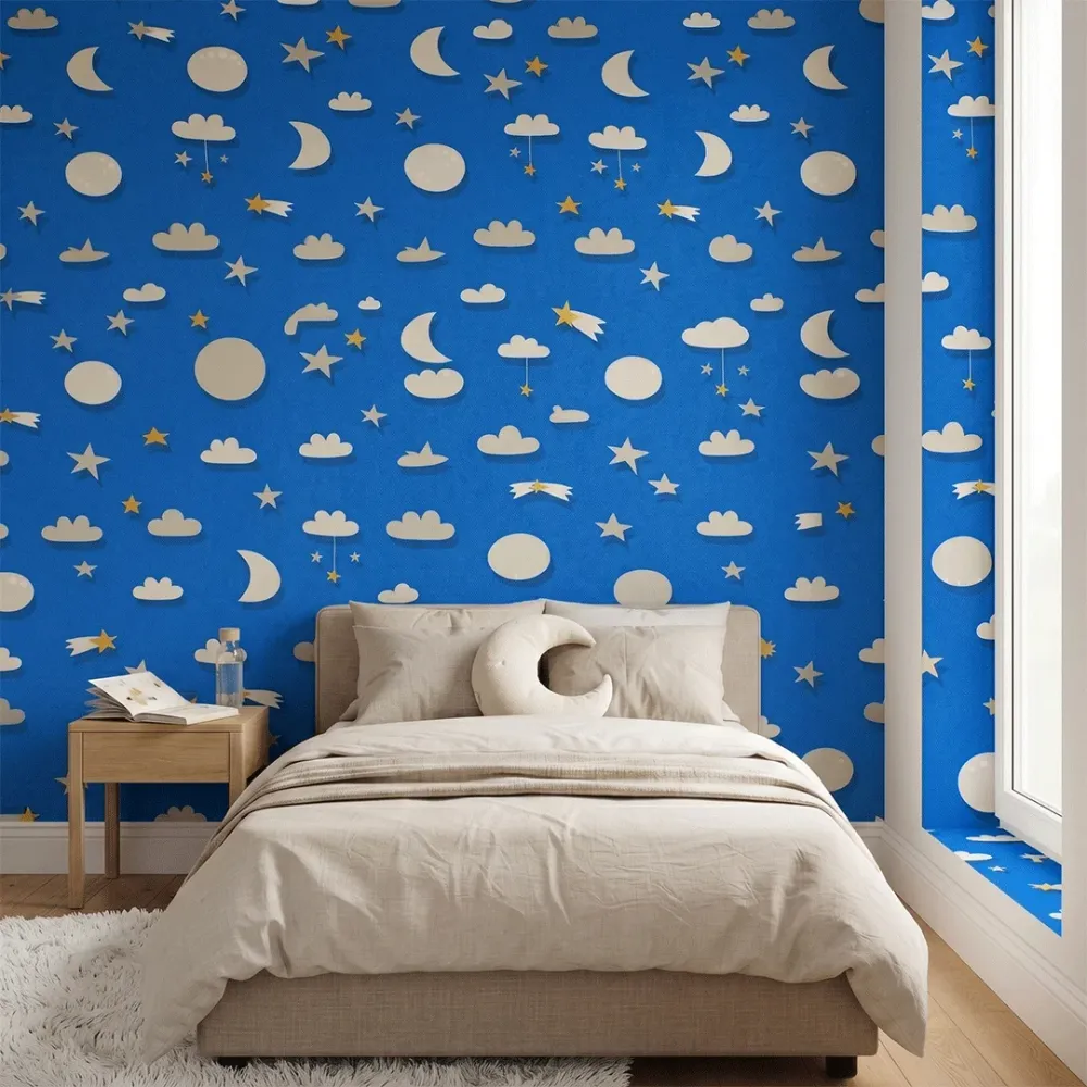 Blue Moon & Stars Kids Wallpaper | Premium Korean Vinyl Nursery Wallpaper
