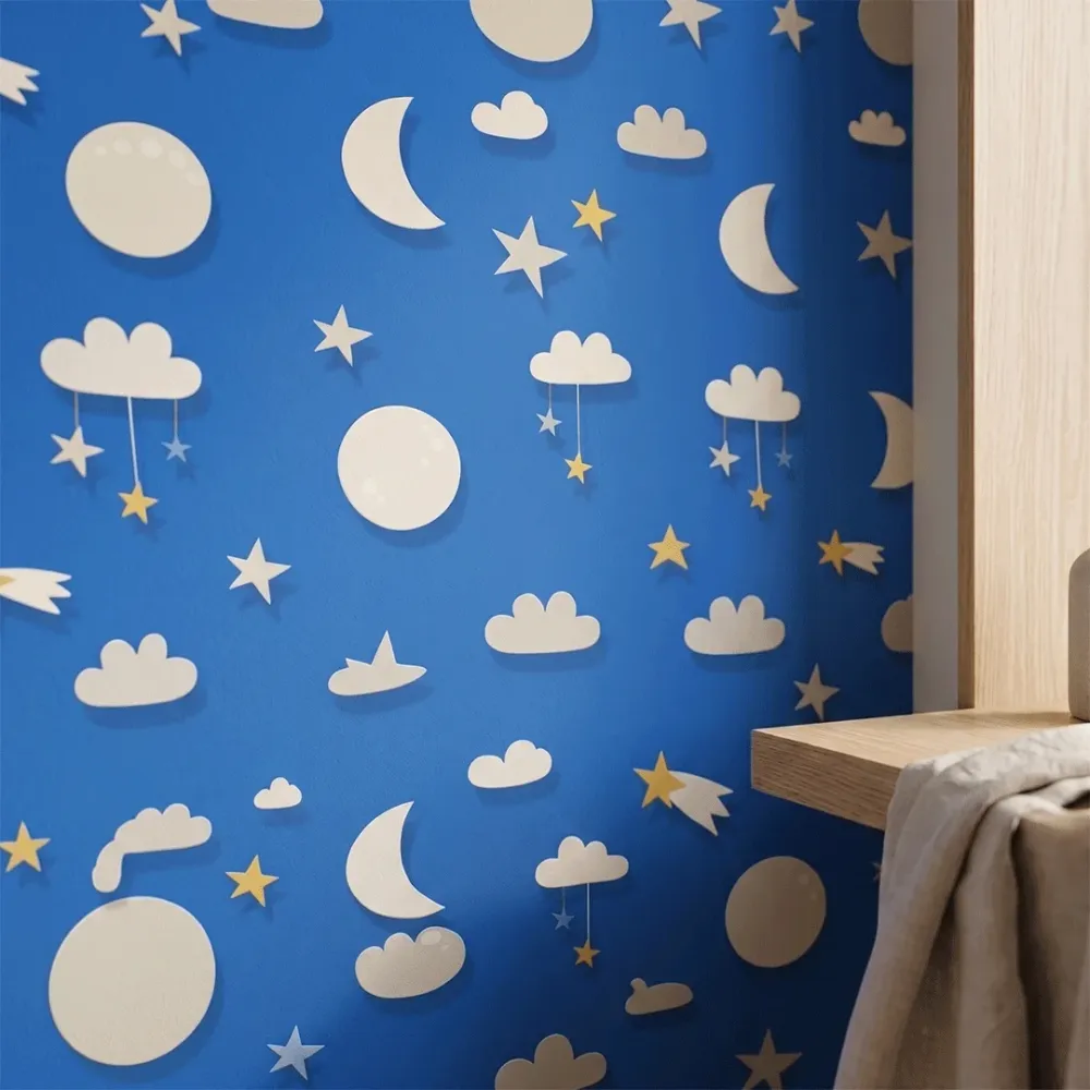 Blue Moon & Stars Kids Wallpaper | Premium Korean Vinyl Nursery Wallpaper