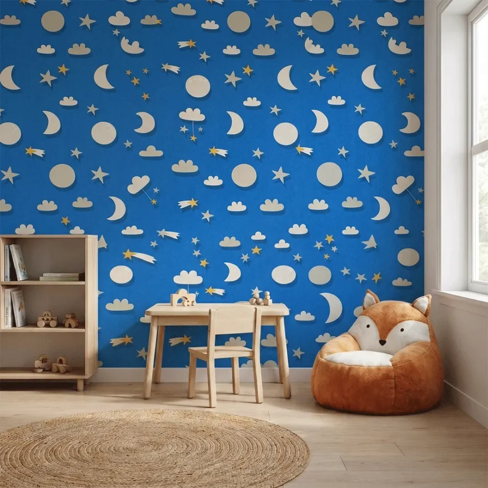 Blue Moon & Stars Kids Wallpaper | Premium Korean Vinyl Nursery Wallpaper