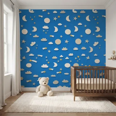Blue Moon & Stars Kids Wallpaper | Premium Korean Vinyl Nursery Wallpaper