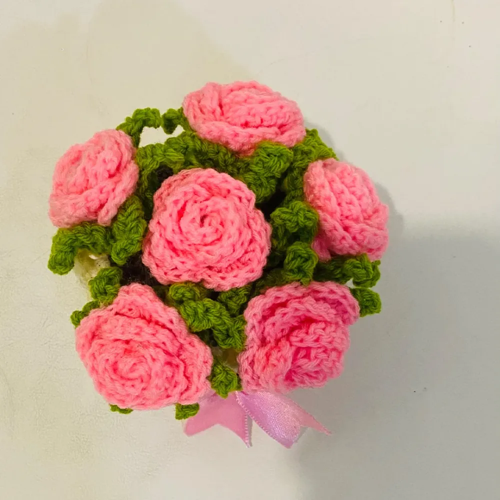 Handcrafted Crochet Blossom Basket with Pink Satin Bow 