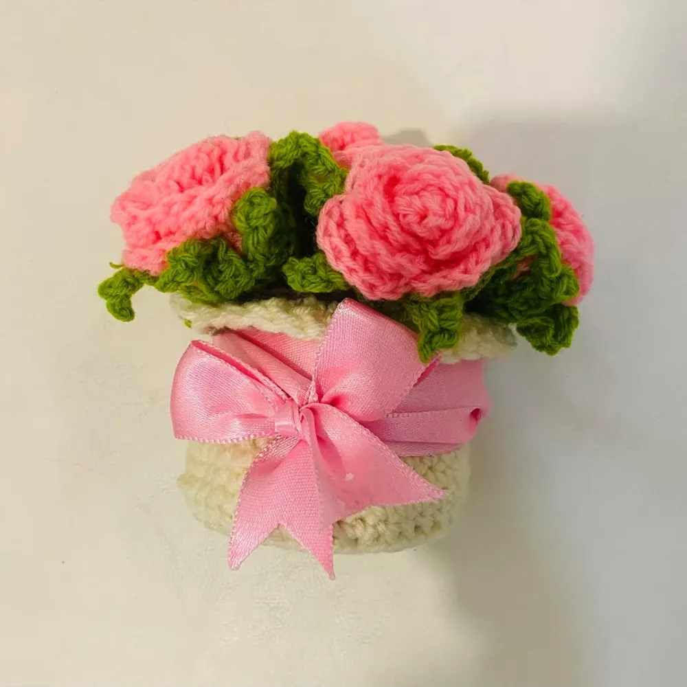 Handcrafted Crochet Blossom Basket with Pink Satin Bow 