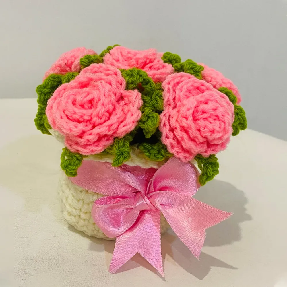 Handcrafted Crochet Blossom Basket with Pink Satin Bow 
