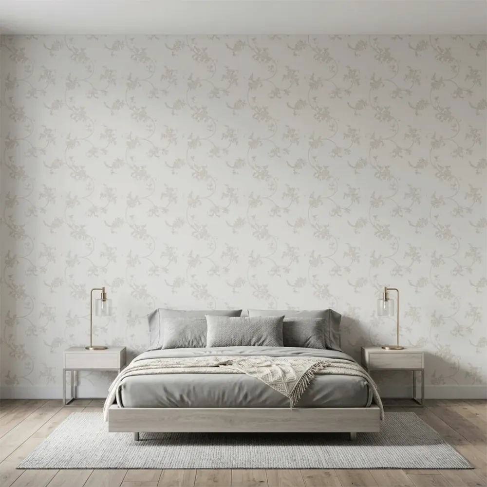Ivory Floral Embroidered Textured Wallpaper