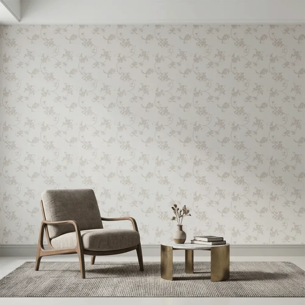 Ivory Floral Embroidered Textured Wallpaper