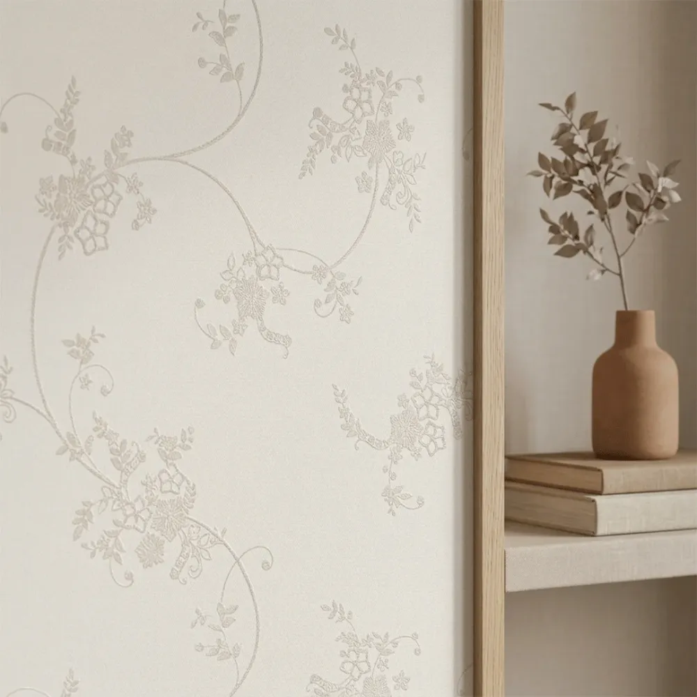 Ivory Floral Embroidered Textured Wallpaper