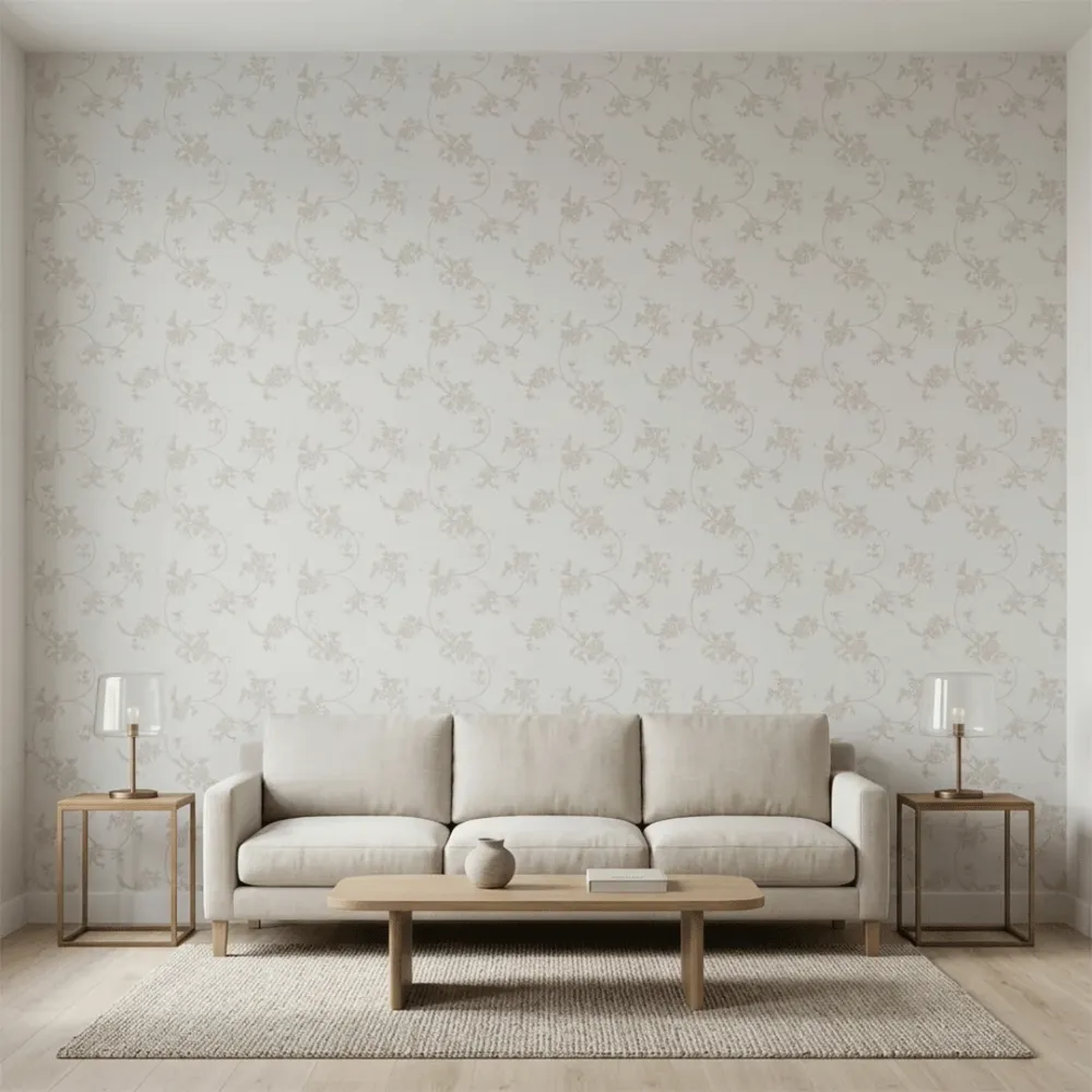 Ivory Floral Embroidered Textured Wallpaper