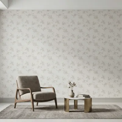 Ivory Floral Embroidered Textured Wallpaper