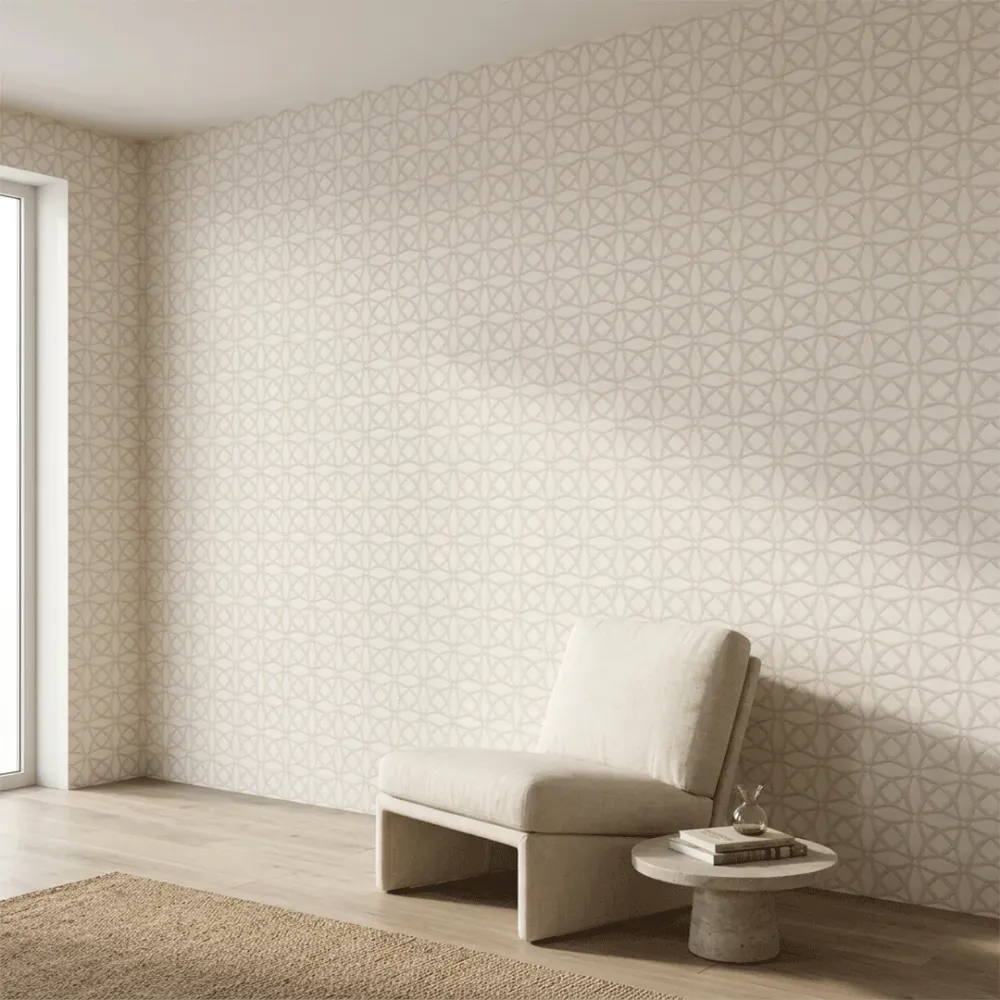 Ivory Geometric Embroidered Textured Wallpaper