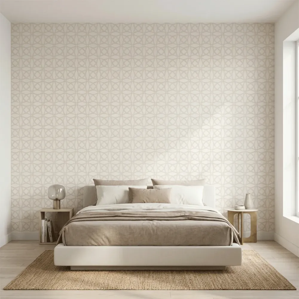 Ivory Geometric Embroidered Textured Wallpaper