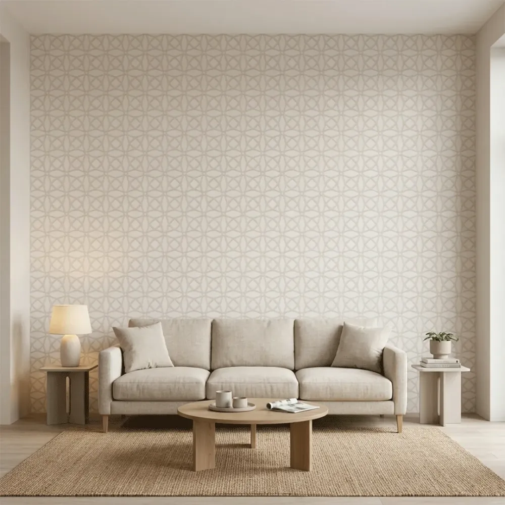 Ivory Geometric Embroidered Textured Wallpaper