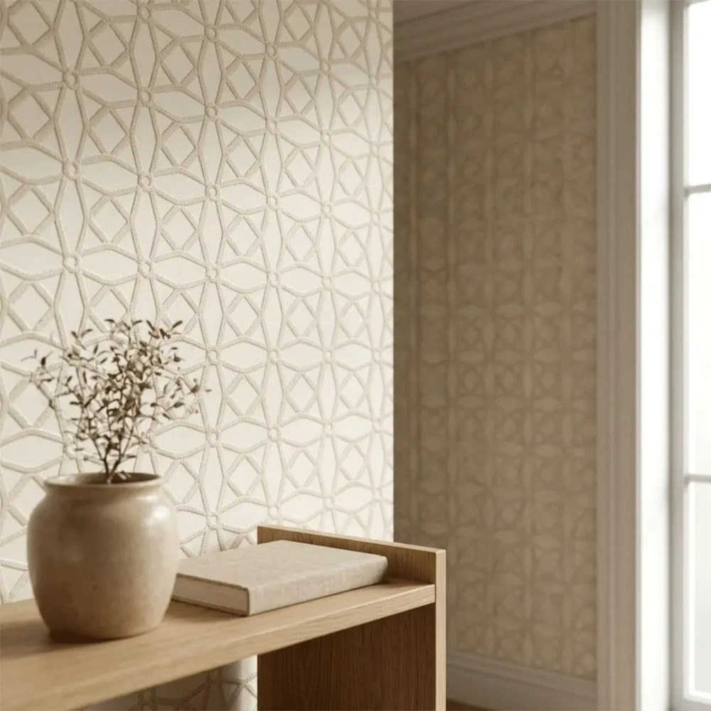 Ivory Geometric Embroidered Textured Wallpaper
