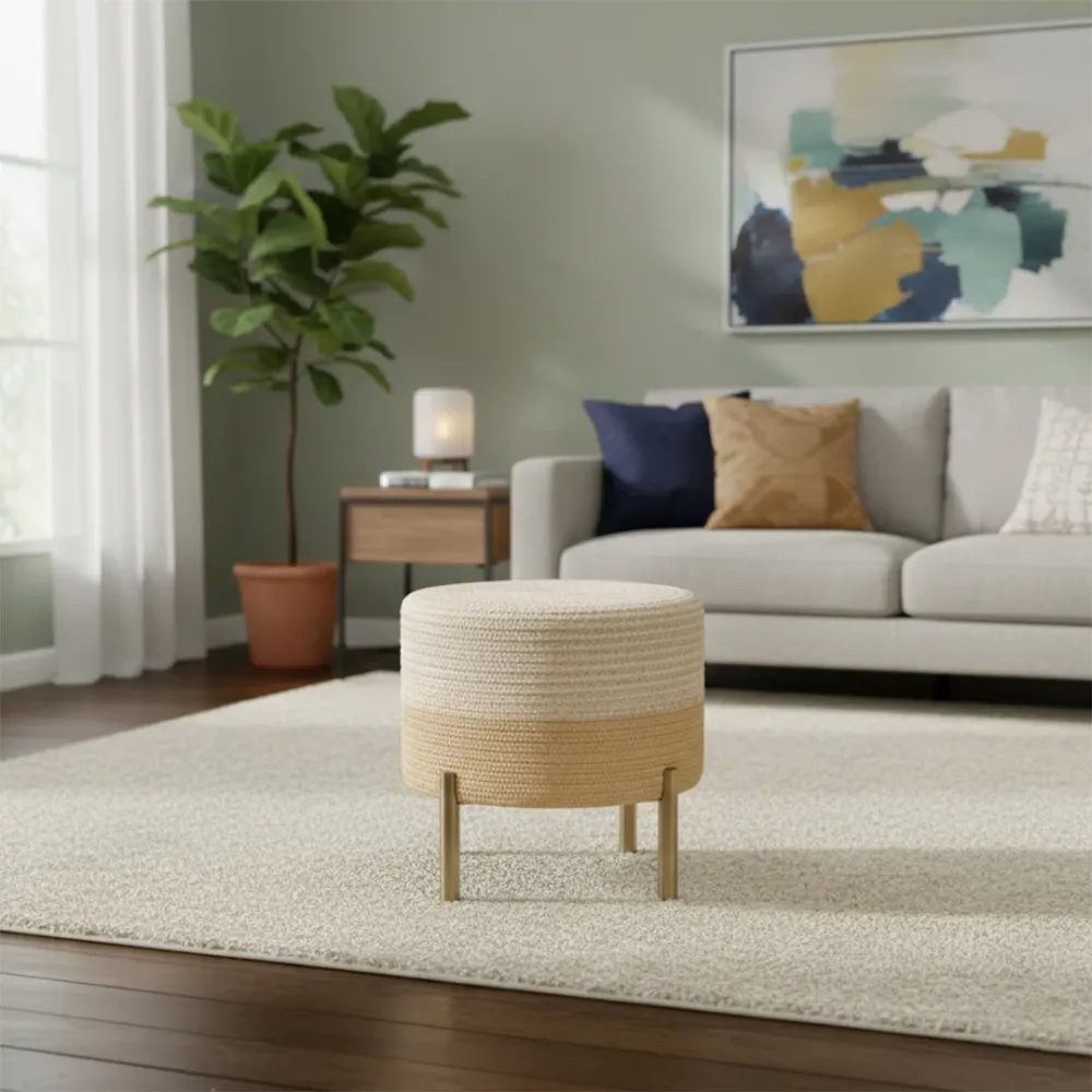 Ivory Luxe Indoor Round Braided Pouffe Stool with Metal Legs 