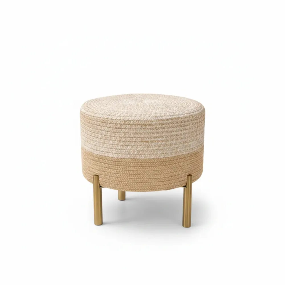 Ivory Luxe Indoor Round Braided Pouffe Stool with Metal Legs 