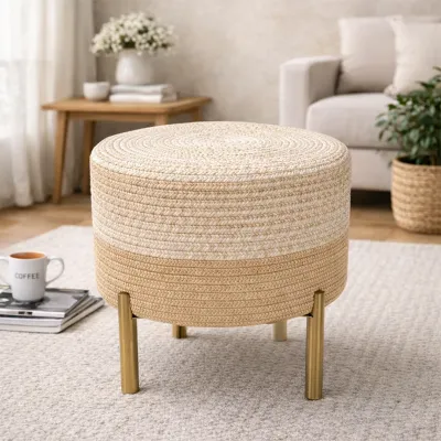 Ivory Luxe Indoor Round Braided Pouffe Stool with Metal Legs