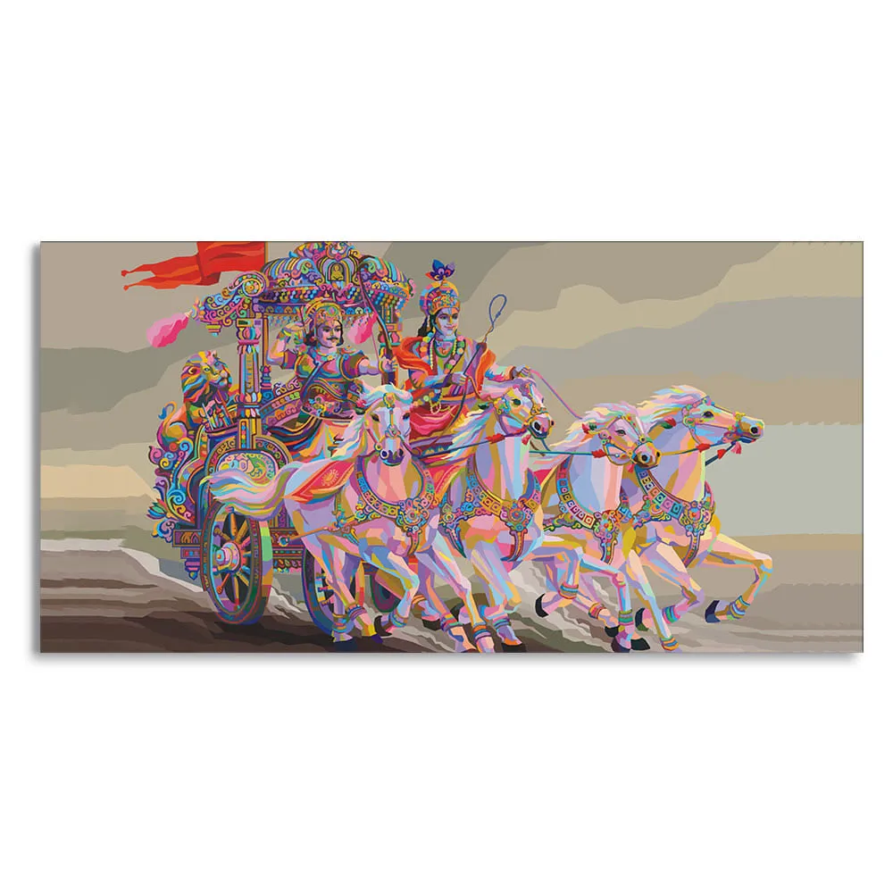 Celestial Chariot of Krishna and Arjuna Canvas Wall Painting With Frame